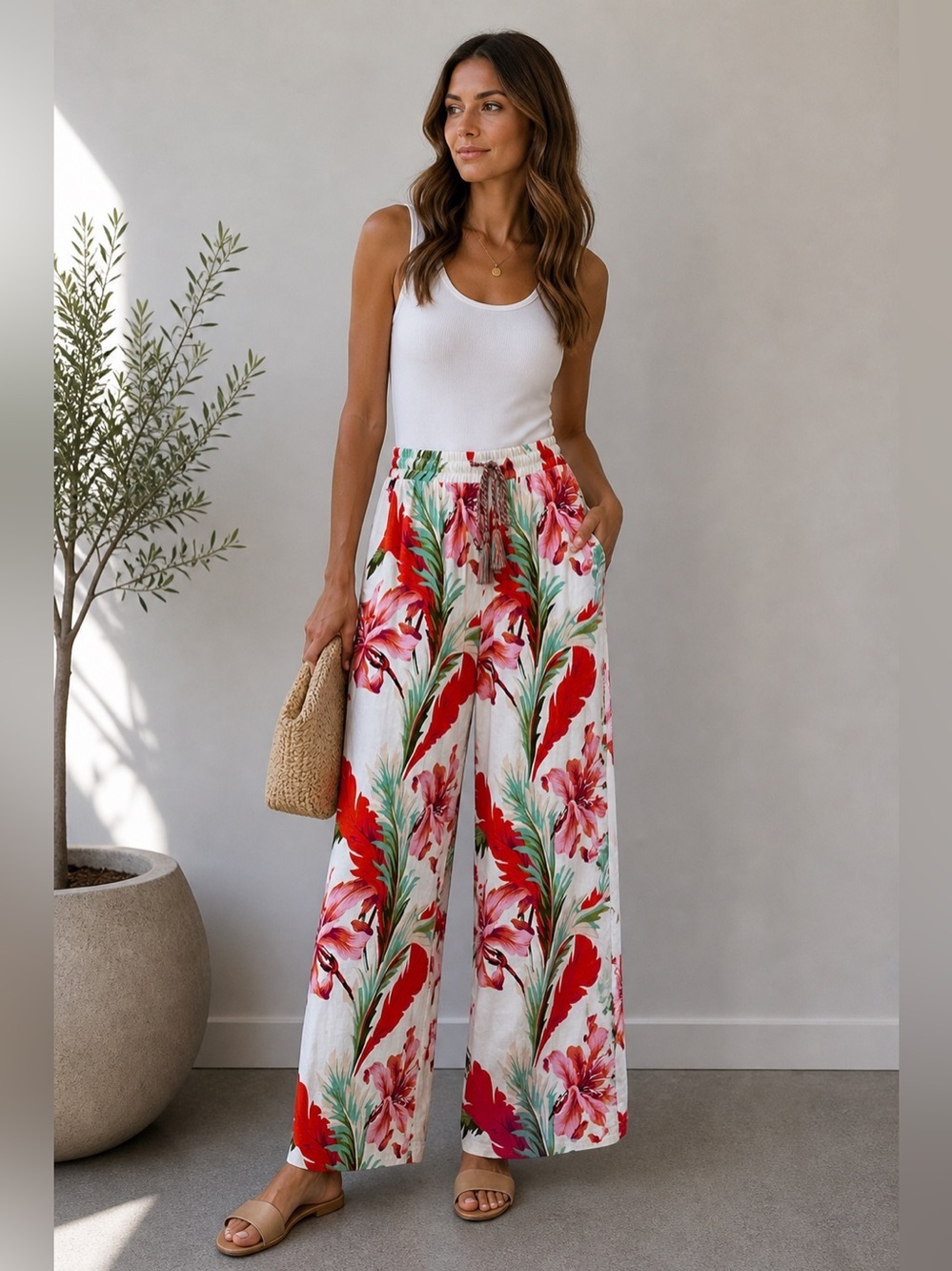 FOR CYNTHIA White Tropical Floral Wide-Leg Pants Red Green Print NWT M